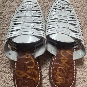 Sam Edelman White and Brown Mules with Geometric Pattern